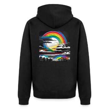 Stadt Skyline mit Regenbogen und Wolken - Unisex Premium Bio Zip Hoodie - Schwarz - Hinten - Nico (187cm)