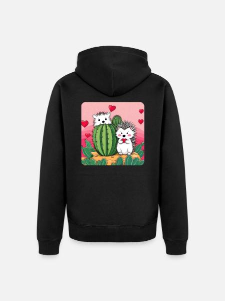 Igel Paar mit Kaktus - Unisex Premium Bio Zip Hoodie - Schwarz