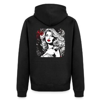 Frau mit Tattoo Herz und Dolch - Unisex Premium Bio Zip Hoodie - Schwarz - Hinten - Nico (187cm)