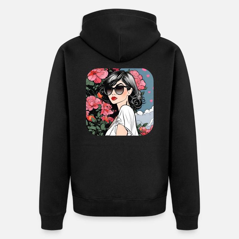 Fille cool avec des lunettes de soleil et des fleurs - Veste à capuche bio Premium Unisexe - noir