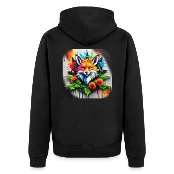 Logo mit Fuchs und Blumen im Grafitti Style - Unisex Premium Bio Zip Hoodie - Schwarz - Hinten - Nico (187cm)