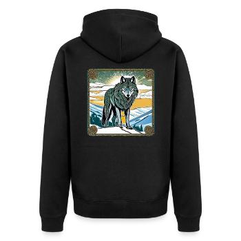 Cooler Wolf im keltischen Style - Unisex Premium Bio Zip Hoodie - Schwarz - Hinten - Nico (187cm)