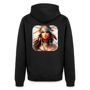 Mystische Schamanin mit Federn IV - Unisex Premium Bio Zip Hoodie - Schwarz - Hinten - Nico (187cm)
