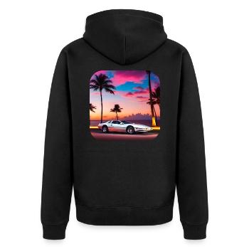 Cooles Auto mit Palmen im Sonnenuntergang IV - Unisex Premium Bio Zip Hoodie - Schwarz - Hinten - Nico (187cm)
