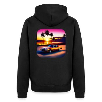 Cooles Auto mit Palmen im Sonnenuntergang III - Unisex Premium Bio Zip Hoodie - Schwarz - Hinten - Nico (187cm)