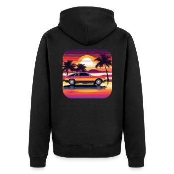 Cooles Auto mit Palmen im Sonnenuntergang II - Unisex Premium Bio Zip Hoodie - Schwarz - Hinten - Nico (187cm)