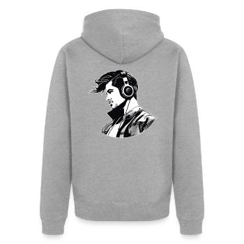 Cooler Mann mit Kopfhörer - Unisex Premium Bio Zip Hoodie - Grau meliert - Hinten - Nico (187cm)