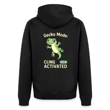 Gecko Lustiger Spruch - gecko mode cling activated - Unisex Premium Bio Zip Hoodie - Schwarz - Hinten - Nico (187cm)