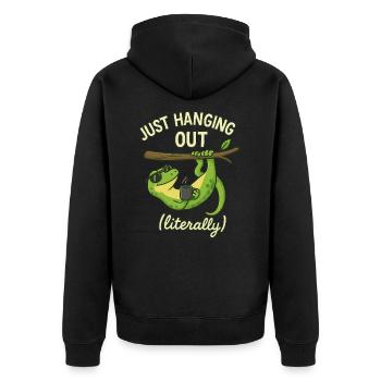 Gecko Lustiger Spruch - just hanging out - Unisex Premium Bio Zip Hoodie - Schwarz - Hinten - Nico (187cm)