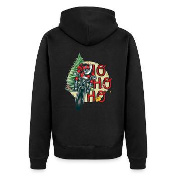 Weihnachtsmann Biker, Weihnachtsmann auf einem Motorrad. Frohe Weihnachten. - Unisex Premium Bio Zip Hoodie - Schwarz - Hinten - Nico (187cm)