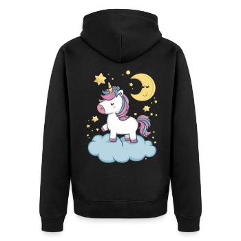 Kawaii Einhorn mit Wolken, Mond und Sternen - Unisex Premium Bio Zip Hoodie - Schwarz - Hinten - Nico (187cm)