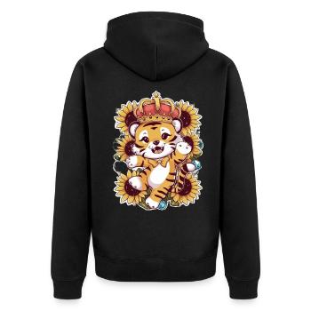 Tiger mit Krone und prachtvollen Sonnenblumen - Unisex Premium Bio Zip Hoodie - Schwarz - Hinten - Nico (187cm)