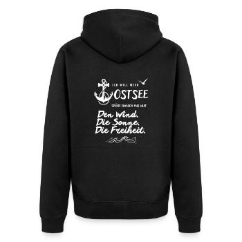 Ich will Meer Ostsee Spruch mit Anker und Möwe - Unisex Premium Bio Zip Hoodie - Schwarz - Hinten - Nico (187cm)