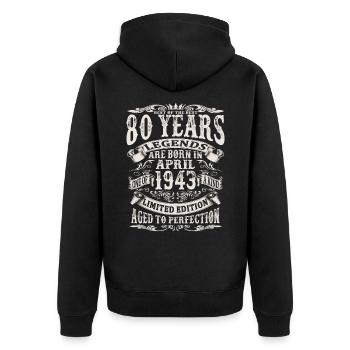 April 1943 - 80 Jahre alt - 80. Geburtstag - Unisex Premium Bio Zip Hoodie - Schwarz - Hinten - Nico (187cm)