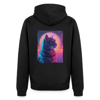 Funny Cute Retro Cat Animal 80s Neon Sun Fat Cat - Unisex Premium Organic Zip Hoodie - black - Back - Nico (187cm)
