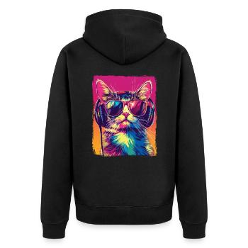 DJ Cool Cat mit Kopfhörern EDM Musik Techno - Unisex Premium Bio Zip Hoodie - Schwarz - Hinten - Nico (187cm)