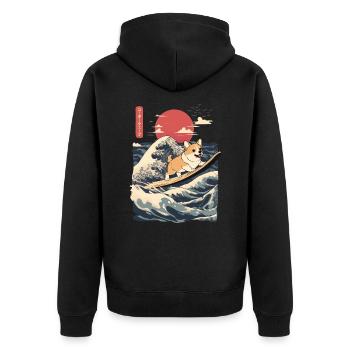 Corgi Dog Hund Animal Japanese Surfing Beach Wave - Unisex Premium Organic Zip Hoodie - black - Back - Nico (187cm)