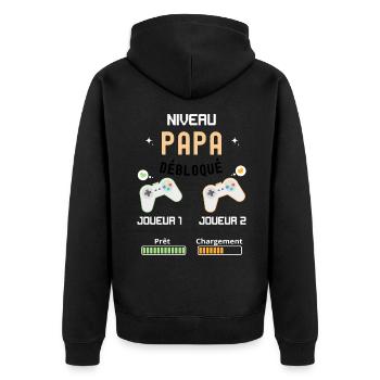 Futur papa jeux video avec futur fils - Veste à capuche bio Premium Unisexe - noir - Dos - Nico (187cm)