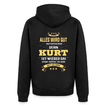 Alles wird gut denn Kurt ist da T-Shirt - Unisex Premium Bio Zip Hoodie - Schwarz - Hinten - Nico (187cm)