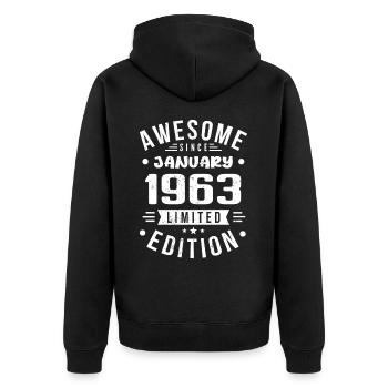 Janvier 1963 - Anniversaire Janvier 1963 I Janvier 1963 - Veste à capuche bio Premium Unisexe - noir - Dos - Nico (187cm)
