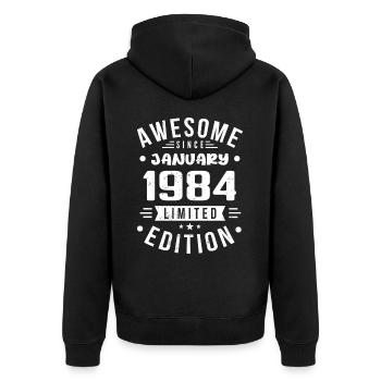 Janvier 1984 - Anniversaire Janvier 1984 I Janvier 1984 - Veste à capuche bio Premium Unisexe - noir - Dos - Nico (187cm)