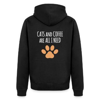 Katzen und Kaffee sind alles, was ich brauche : Kaffeekatzenzitat - Unisex Premium Bio Zip Hoodie - Schwarz - Hinten - Nico (187cm)