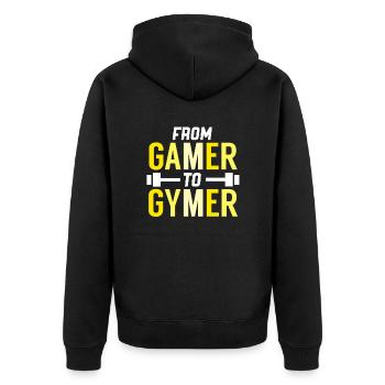 Vom Gamer zum Gymer: Lustiges Fitness-Zitat - Unisex Premium Bio Zip Hoodie - Schwarz - Hinten - Nico (187cm)