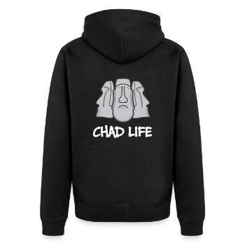 Chad Life : Giga Chad Moai Statue - Unisex Premium Bio Zip Hoodie - Schwarz - Hinten - Nico (187cm)