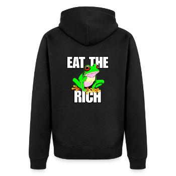 Iss das reichhaltige, lustige Froschdesign, Meme-Humor - Unisex Premium Bio Zip Hoodie - Schwarz - Hinten - Nico (187cm)