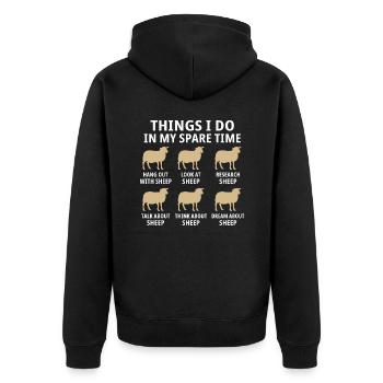 Dinge, die ich in meiner Freizeit mache, mit Schafen abhängen - Unisex Premium Bio Zip Hoodie - Schwarz - Hinten - Nico (187cm)