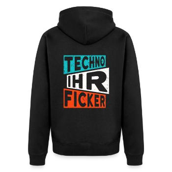 TECHNO IHR FICKER SPRUCH RAVE RAVER - Unisex Premium Bio Zip Hoodie - Schwarz - Hinten - Nico (187cm)