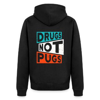 DRUGS NOT PUGS Drogen Spruch Mops - Unisex Premium Bio Zip Hoodie - Schwarz - Hinten - Nico (187cm)