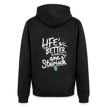 Life is Better Steirisch – Lebe das Lebensgefühl - Unisex Premium Bio Zip Hoodie - Schwarz - Hinten - Nico (187cm)