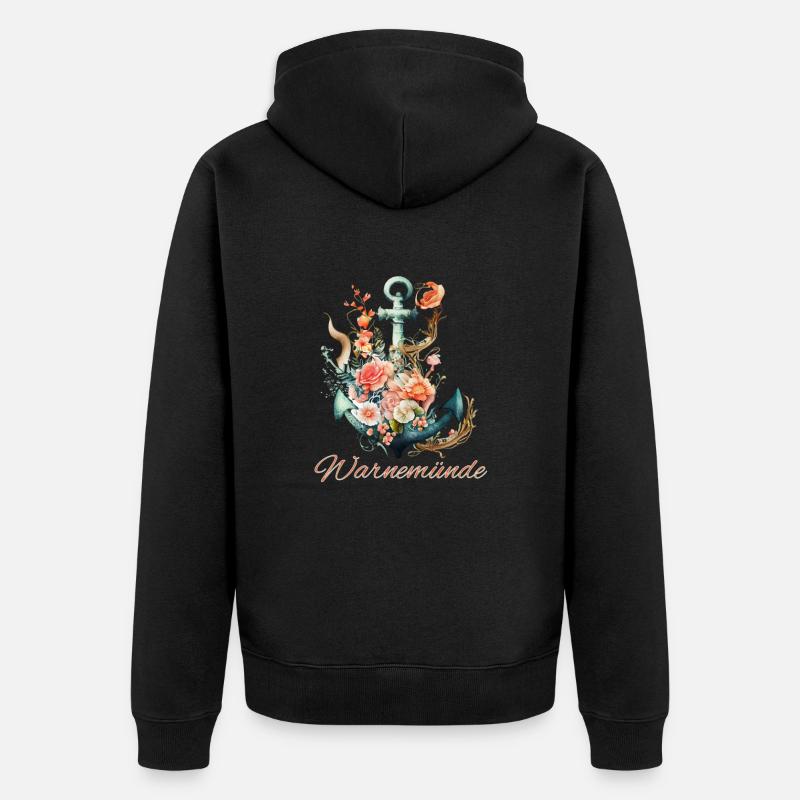 Warnemünde-Anker mit Blumen - Unisex Premium Bio Zip Hoodie - Schwarz