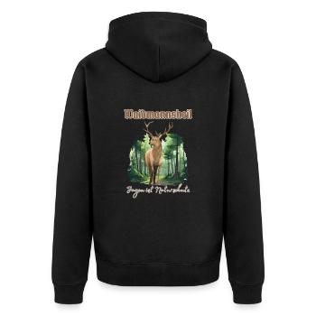 Jäger Outfit Waidmannsheil - Jagen ist Naturschutz - Unisex Premium Bio Zip Hoodie - Schwarz - Hinten - Nico (187cm)