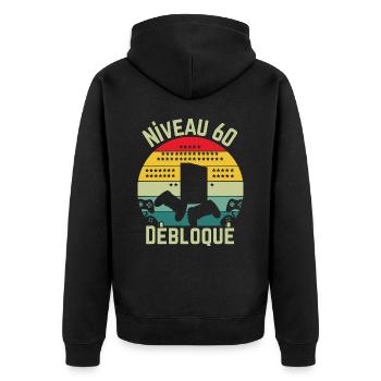 Level 60 freigeschaltet - Unisex Premium Bio Zip Hoodie - Schwarz - Hinten - Nico (187cm)
