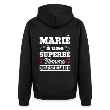 Saint Valentin Marié À Superbe Femme Marseillaise - Veste à capuche bio Premium Unisexe - noir - Dos - Nico (187cm)
