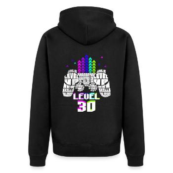 Geek Level 30 Jubiläum Gamer 30 Jahre - Unisex Premium Bio Zip Hoodie - Schwarz - Hinten - Nico (187cm)