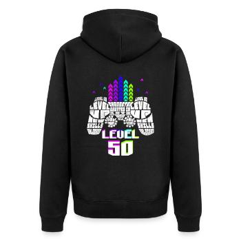 Geek Level 50 Jubiläum Gamer 50 Jahre - Unisex Premium Bio Zip Hoodie - Schwarz - Hinten - Nico (187cm)