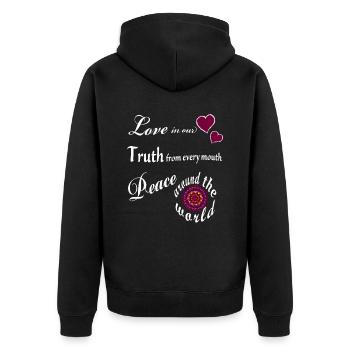 Love in our hearts Mantra - Unisex Premium Bio Zip Hoodie - Schwarz - Hinten - Nico (187cm)