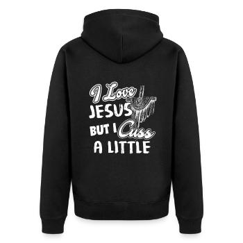 I Love Jesus But I Cuss A Little - Unisex Premium Organic Zip Hoodie - black - Back - Nico (187cm)