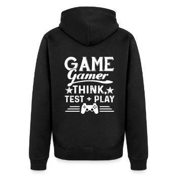 Gamer Think Test Play - Unisex Premium Organic Zip Hoodie - black - Back - Nico (187cm)