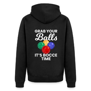 Schnappen Sie sich Ihre Bälle Es ist Boccia-Zeit, Boccia - Unisex Premium Bio Zip Hoodie - Schwarz - Hinten - Nico (187cm)