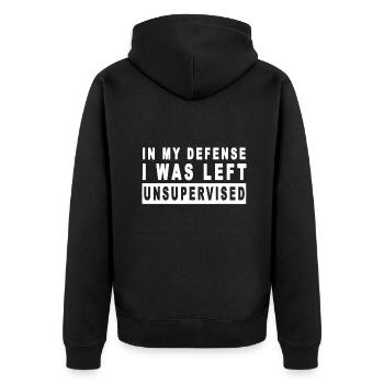 Lustig Zu meiner Verteidigung wurde ich unbeaufsichtigt gelassen - Unisex Premium Bio Zip Hoodie - Schwarz - Hinten - Nico (187cm)