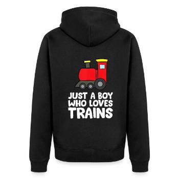 Nur ein Junge, der Züge liebt - Unisex Premium Bio Zip Hoodie - Schwarz - Hinten - Nico (187cm)