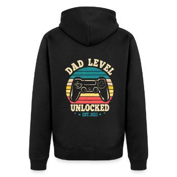 Dad Level Unlocked Est. 2023 New Daddy I Leveled U - Unisex Premium Organic Zip Hoodie - black - Back - Nico (187cm)