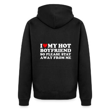 I Love My Hot Boyfriend So Please Stay Away From M - Unisex Premium Organic Zip Hoodie - black - Back - Nico (187cm)