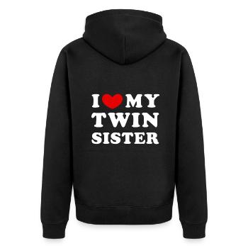 Ich liebe meine Zwillingsschwester, ich herze meine Zwillingsschwester - Unisex Premium Bio Zip Hoodie - Schwarz - Hinten - Nico (187cm)