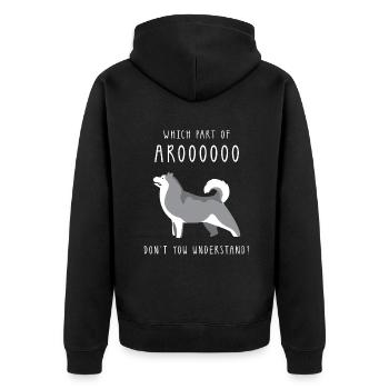 Welchen Teil von Arooo verstehst du nicht - For Hus - Unisex Premium Bio Zip Hoodie - Schwarz - Hinten - Nico (187cm)