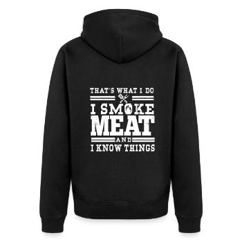 Ich rauche Fleisch und ich weiß Dinge lustig BBQ Chef Gril - Unisex Premium Bio Zip Hoodie - Schwarz - Hinten - Nico (187cm)